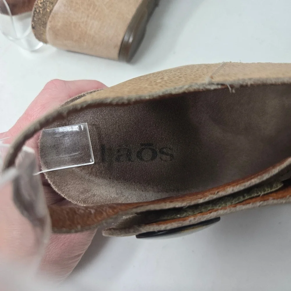 Taos Tan Leather Wedge Sandals Button‎ Accent Comfort Cork Footbed Womens 37